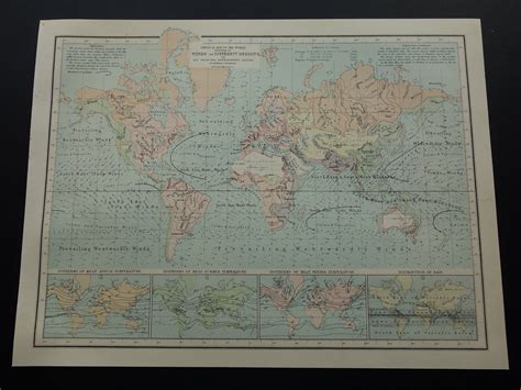 World Map Of Wind 1890 Original 130 Years Old Print About Etsy
