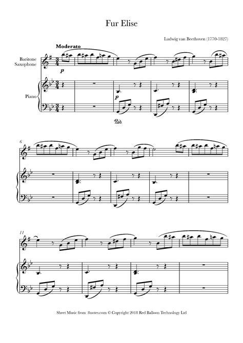 Beethoven Fur Elise Sheet Music For Baritone Saxophone