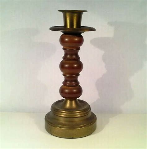 Vintage Homco Brass And Wood Candle Holder Candlestick Holder