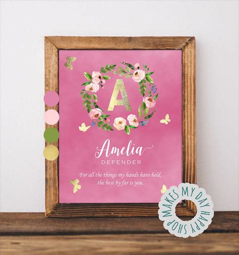 Personalized Name Meaningfloral Name Wall Artcustom Sign Etsy