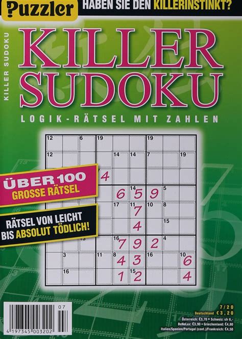 You are required to follow all of the rules of the typical sudoku game however, there will be cages of all different shapes that require all of the numbers within them to add up to the required value. KILLER SUDOKU 7/2020 - Zeitungen und Zeitschriften online