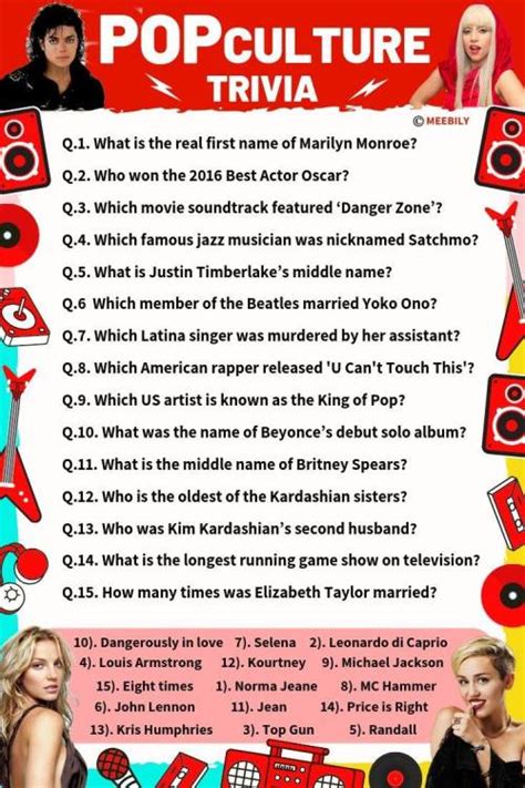 Our 1950s music trivia questions and answers will take you back to the music of the 50s. Pop Culture Trivia Questions & Answers - Meebily