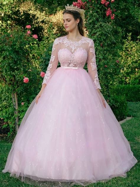 Ball Gown Tulle Scoop Lace Long Sleeves Sweepbrush Train Dresses At Hebeos