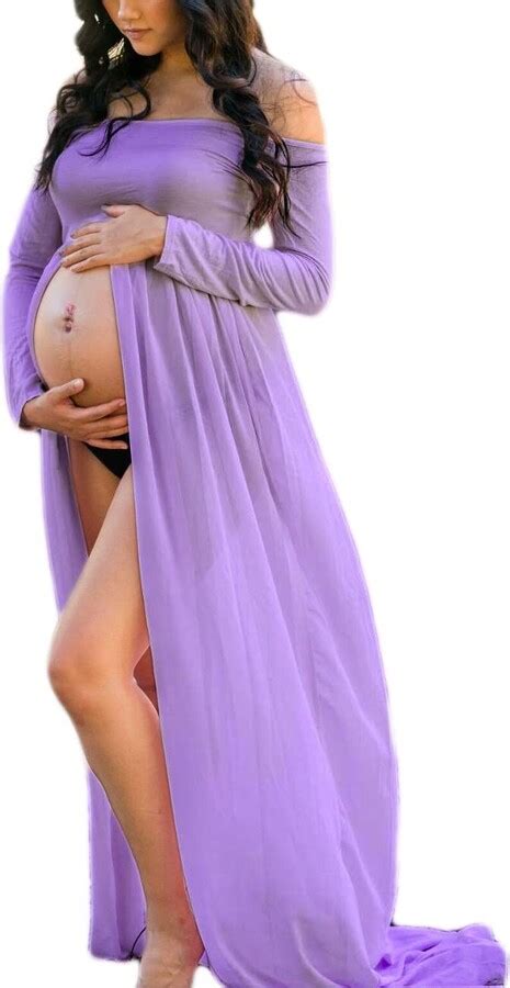 justvh maternity off shoulder chiffon gown long sleeve front split maxi photography dress for
