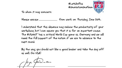 Here's a note to your boss so you can skip work, courtesy U.S. Soccer