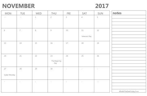 Editable November 2017 Calendar With Holidays And Notes