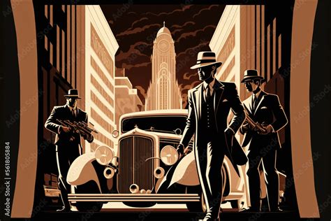 Mafia Mobsters Around A Vintage Automobile Art Deco Cartoon
