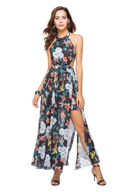 Summer Maxi Dress 2018 Women Print Dress Sleeveless Halter Chiffon
