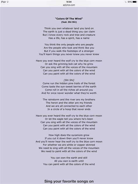 Pocahontas Colours Of The Wind Disney Song Lyrics Lullaby Lyrics
