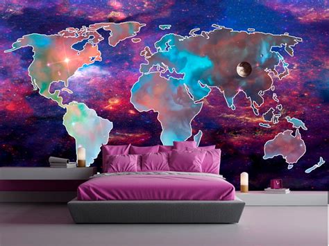 Modern World Map Wallpaper Map Wall Murals Self Adhesive Etsy