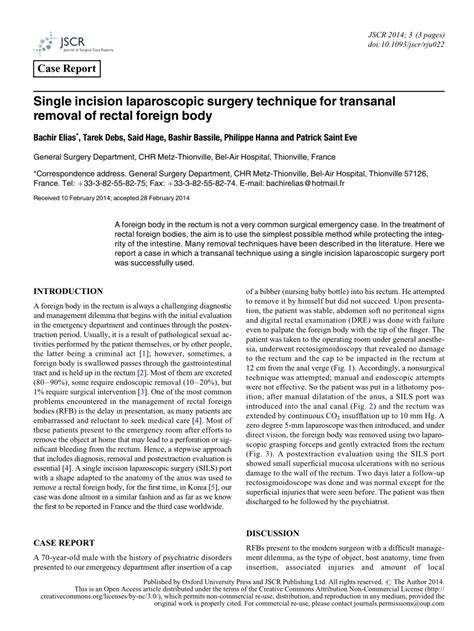 Pdf Single Incision Laparoscopic Surgery Technique For Transanal Removal Of Rectal Foreign Body