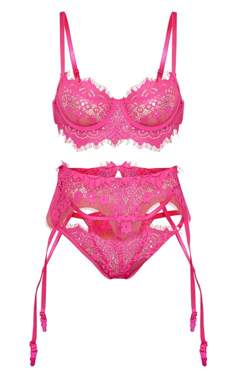 Hot Pink Floral Lace Binding 3 Piece Lingerie Set Prettylittlething