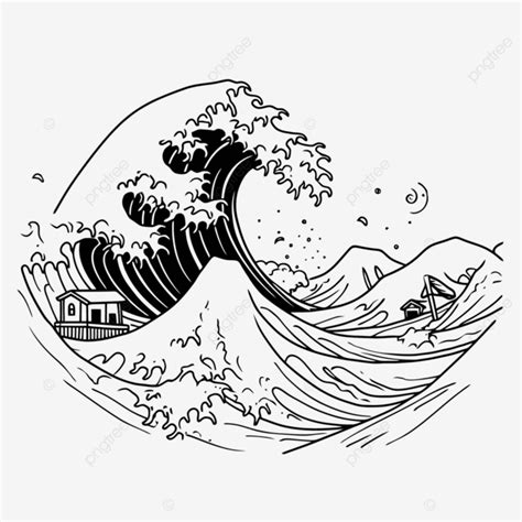 Ausmalbild Der Großen Welle Vor Kanagawa Umrisszeichnung Vektor