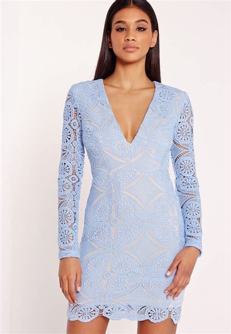Missguided Lace Long Sleeve Bodycon Dress Blue Lace Bodycon Dress