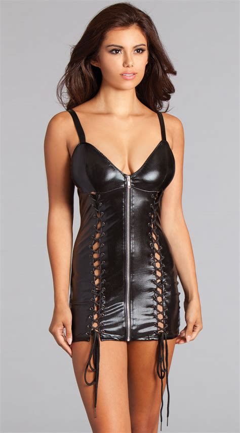 Esme Wet Look Lace Up Dress Sexy Faux Leather Lingerie