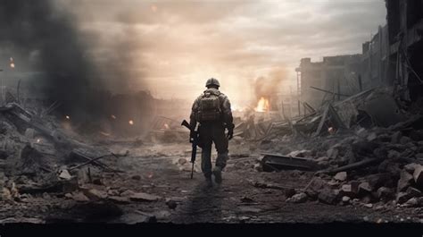Premium Ai Image Military Soldier Walking Through Destruction And