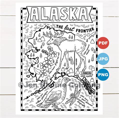 Alaska Coloring Page United States State Map Wildlife State Symbols