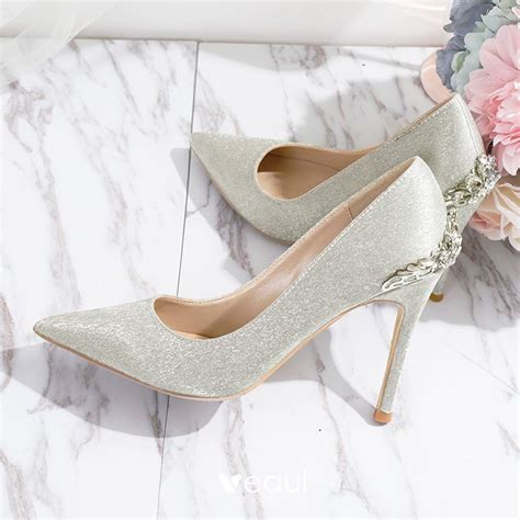 Charmant Silber Glanz Brautschuhe 2020 Strass 10 Cm Stilettos