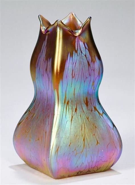 Loetz Art Nouveau Iridescent Four Sided Art Glass Vase Polished Pontil Wine Glass Art Glass