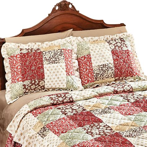 Collections Etc Worthington Patchwork Quilted Ruffled Pillow Sham Red