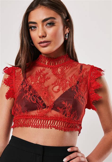 Red Lace Trim High Neck Crop Top Missguided Australia