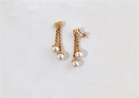 double pearl dangle drop earrings in 14k yellow gold browne s jewelers
