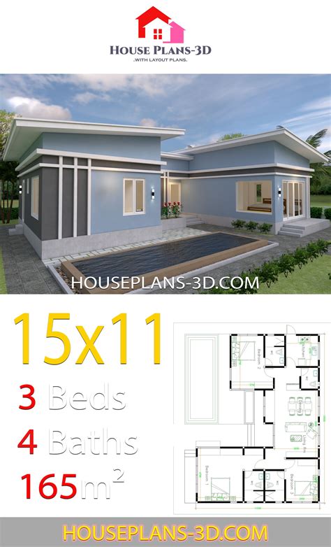 House Plans 15x11 With 3 Bedrooms Slope Roof House Plans 3d 35a