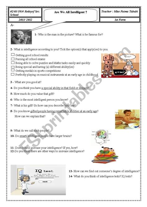Lesson Are We All Intelligent 1st Form Esl Worksheet By Fatma Tababi