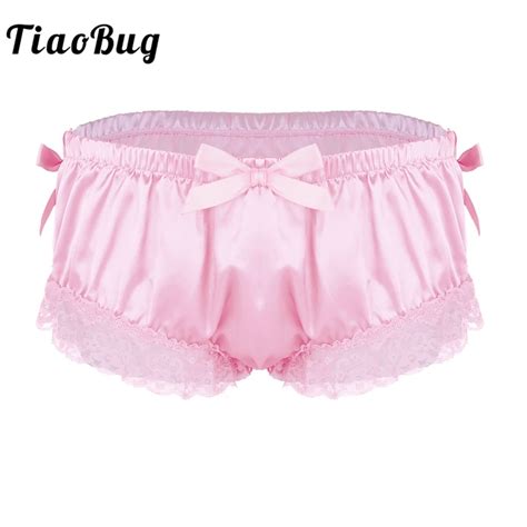 Tiaobug Men Sissy Panties Shiny Soft Satin Lingerie Ruffle Floral Lace