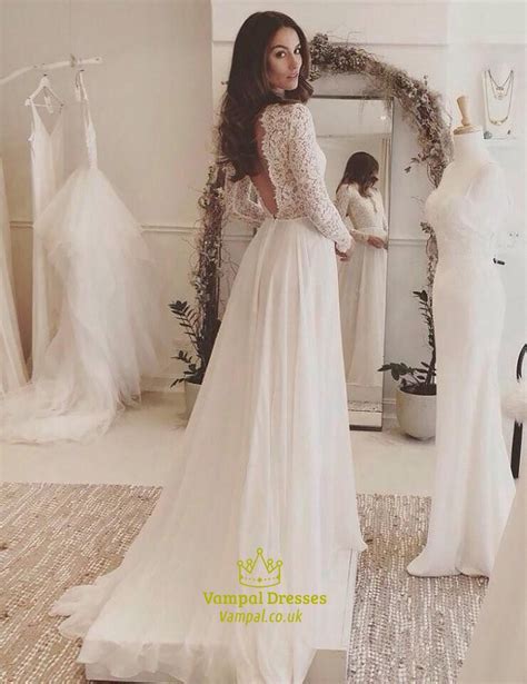 Simple Elegant A Line Wedding Dresses Long Sleeve V Neck Romantic