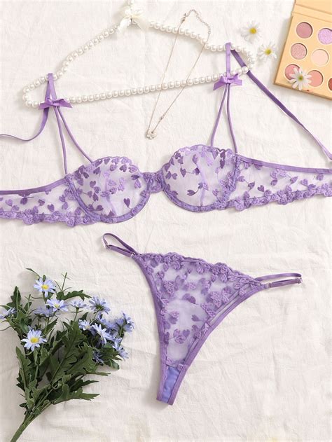 lilac purple collar heart sexy sets embellished slight stretch women intimates hot lingerie