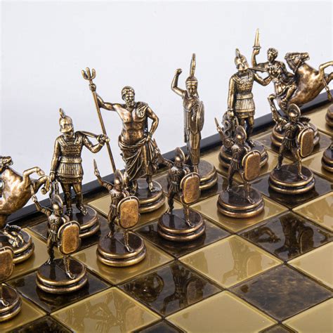 Greek Mythology Chess Set In Wooden Box With Goldbrown Chessmen And B