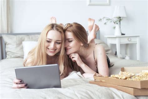 Two Blonde Girls In Pyjamas Having Fun In The Bedroom Babe Females