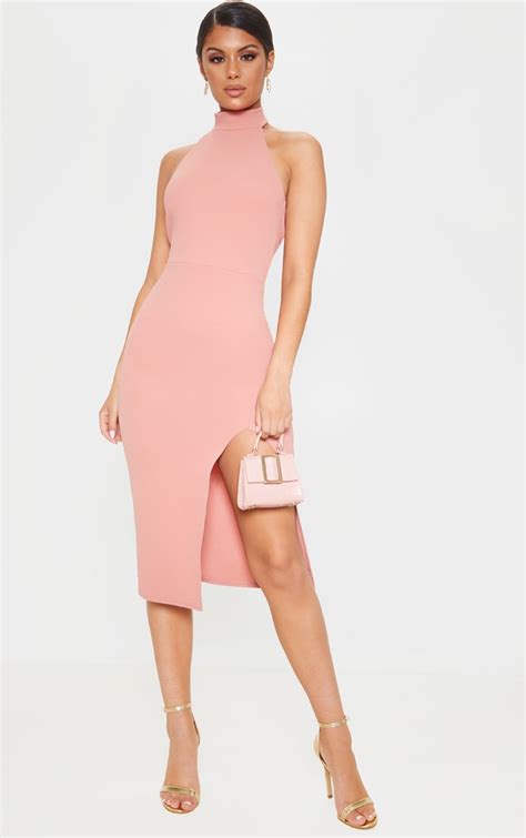 dusty rose high neck split detail midi dress prettylittlething