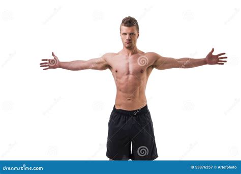 Young Muscle Man Shirtless With Arms Spread Open Stock Image