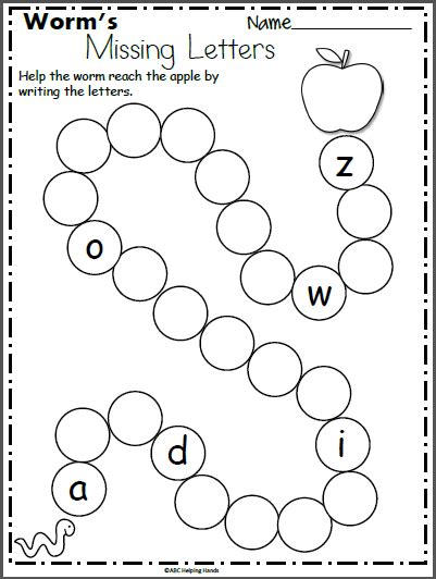 Missing letter is available as an online activity, or you can create printable missing letter worksheets. Worm's Missing Letters Worksheet for Kindergarten ...
