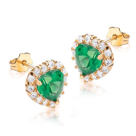 9ct gold heart shaped earrings with green and clear cz stones dunbar the jeweller