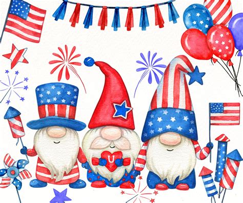 4th Of July Clipart Cute Patriotic Gnomes Watercolor Clip Art