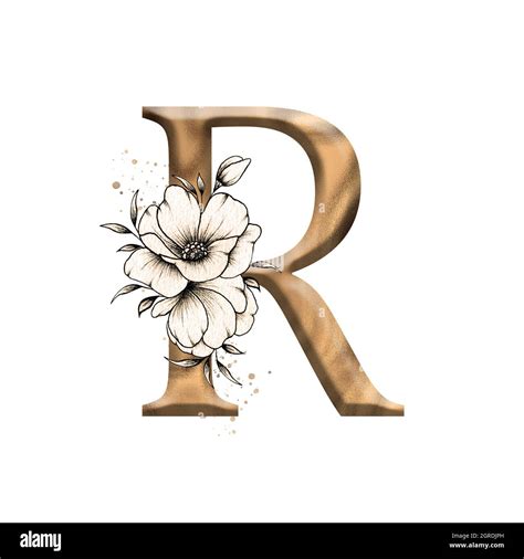 Graphic Floral Alphabet Gold Letter R With Vintage Flowers Bouquet