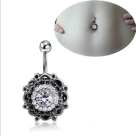 Retro Flower Dangle Belly Button Rings Sexy Crystal Double Piercing Barbell Stainless Steel