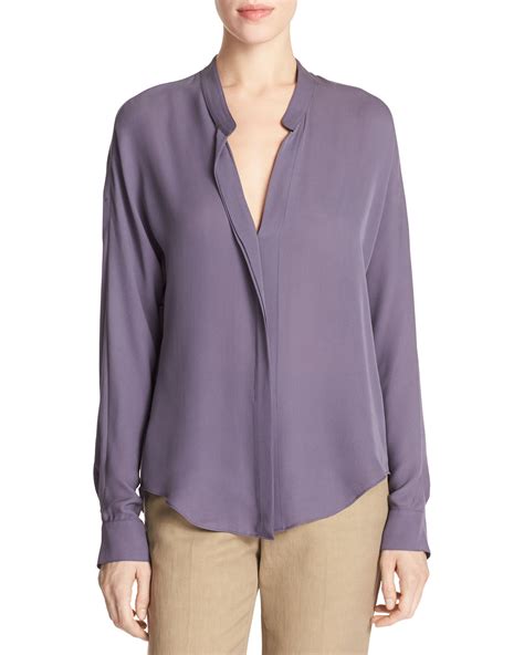 Vince Banded Collar Concealed Placket Silk Blouse Neiman Marcus