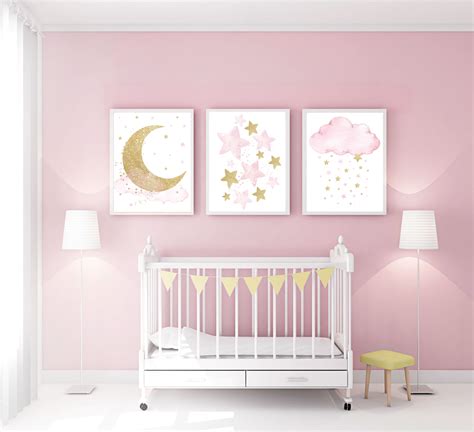 Nursery Wall Art Girl Baby Room Decor Girl Gold And Pink Moon And