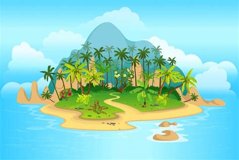 Isla tropical de dibujos animados con palmeras montañas mar azul flores y vides ilustración