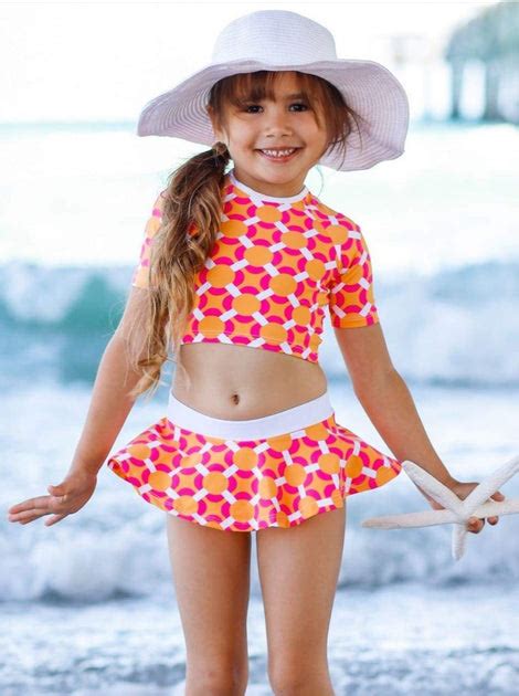 Mia Belle Girls Printed Skirted Rash Guard Two Piece Swimsuit