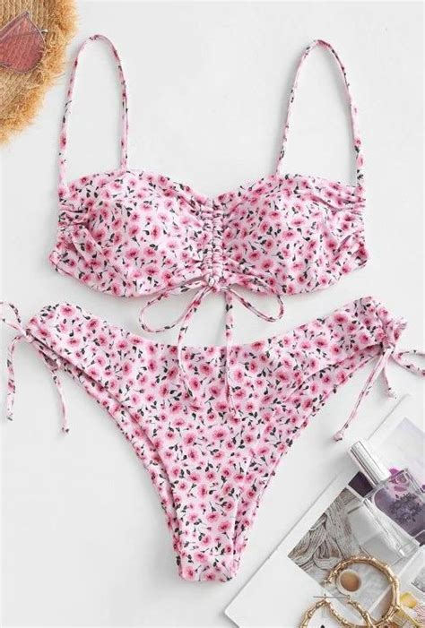 Ditsy Floral Cinched Tie Bikini Swimwear Light Pink Sponsored In 2021 Floral Bikini