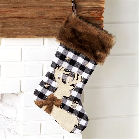 Black And White Faux Fur Trimmed Reindeer Hanging Christmas Stocking