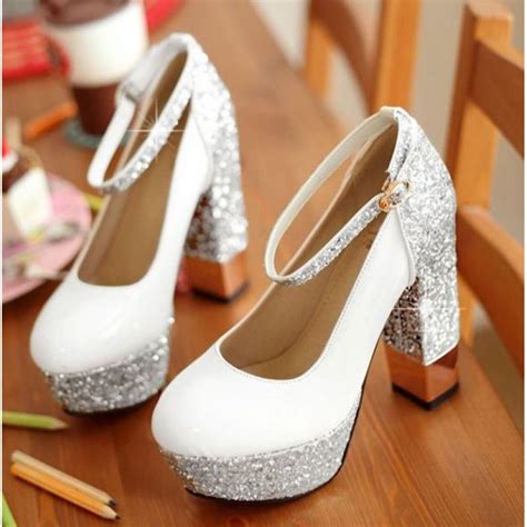 white silver glitter bling bling platforms block high heels bridal shoes