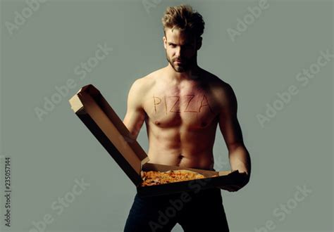 Gay With Pizza Sexy Man With Pizza Box Pizza Delivery Concept Italian Pizzeria Recipe Pizza