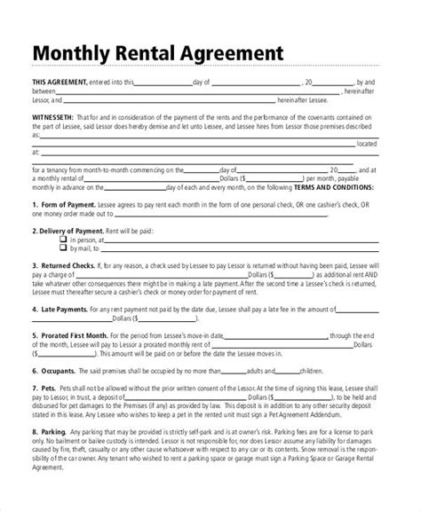 8 Sample Month To Month Rental Agreement Forms Sample Example