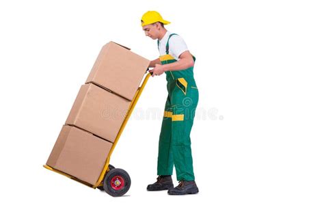 The Young Man Moving Boxes With Cart Isolated On White Stock Photo